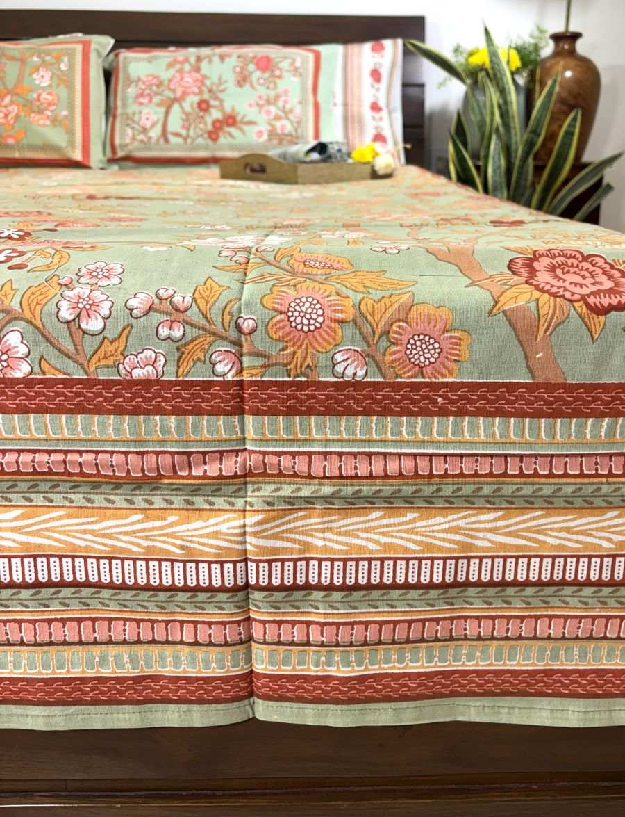 Morning at the Mughal Gardens Pestel Green Hand Block Bedsheet with 2 Pillow Cover Set - 220TC