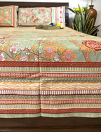 Morning at the Mughal Gardens Pestel Green Hand Block Bedsheet with 2 Pillow Cover Set - 220TC