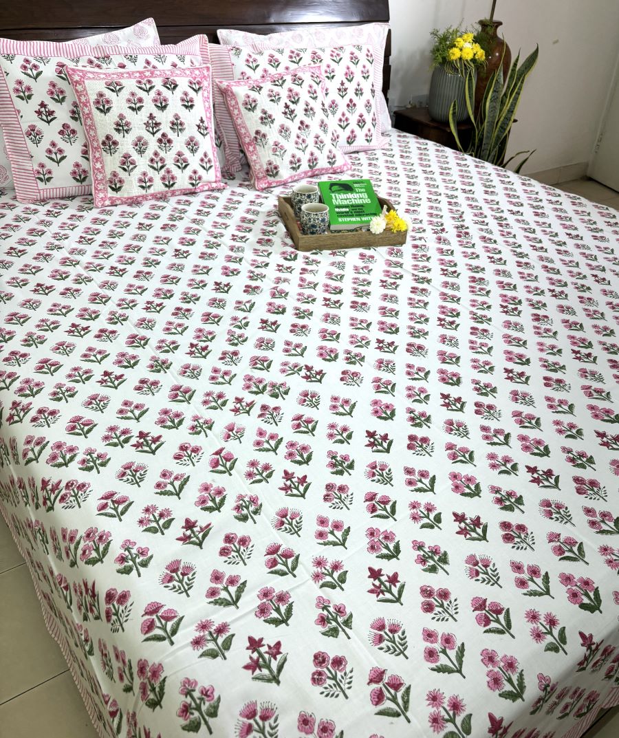 Pink Small Butta Patterns Hand Block Bedsheet with 2 Pillow Cover Set - 400TC