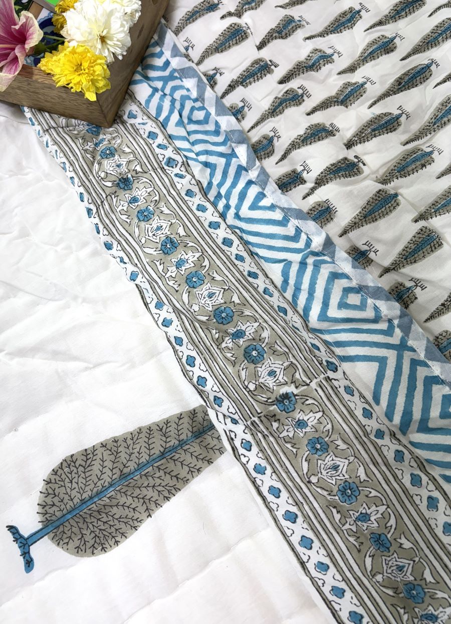 Blue Tree Motif Patterns Hand Block Quilt/ Razai