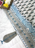 Blue Tree Motif Patterns Hand Block Quilt/ Razai
