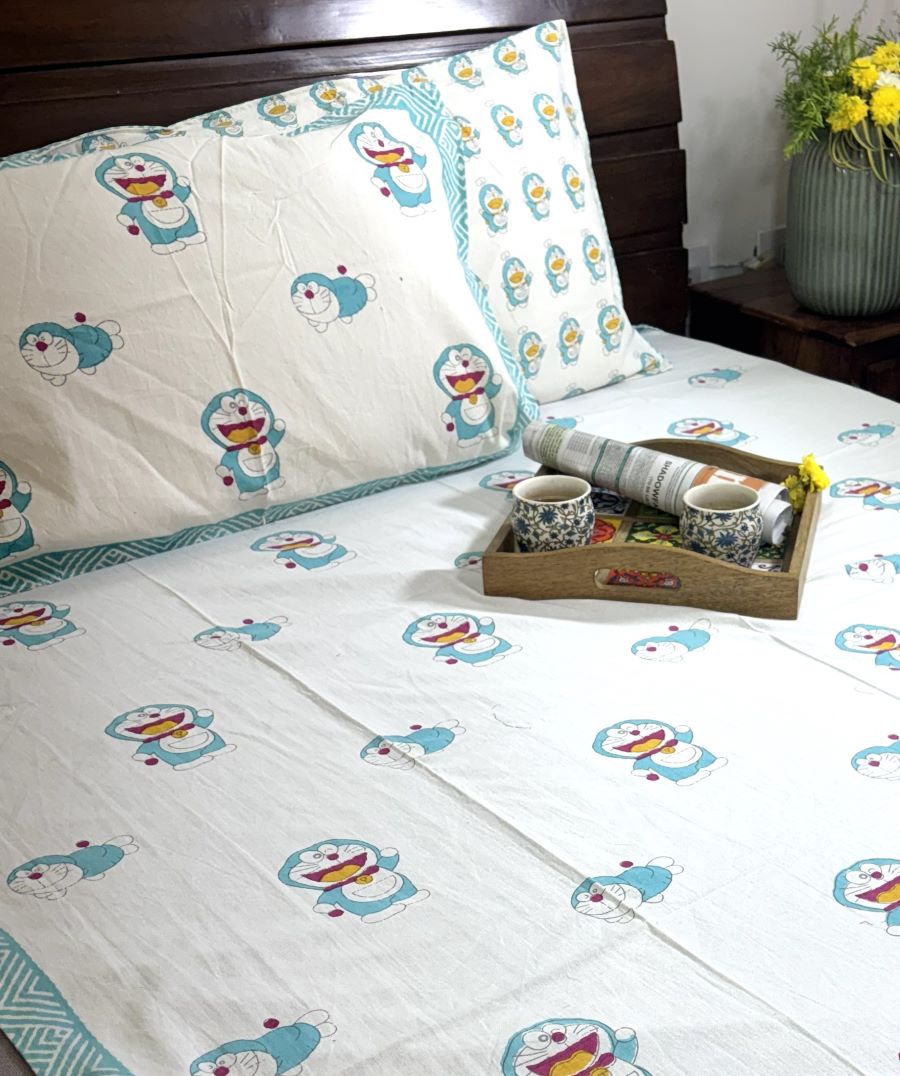 Sky Blue Doraemon Hand Block Bedsheet with 1 Pillow Cover- 220TC