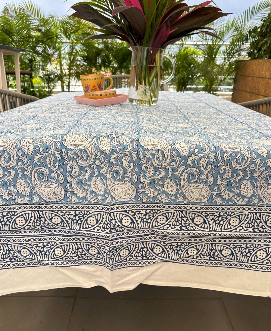 Blue Paisley ka Gulistaan Hand Block Rectangle Table Cover /Cloth