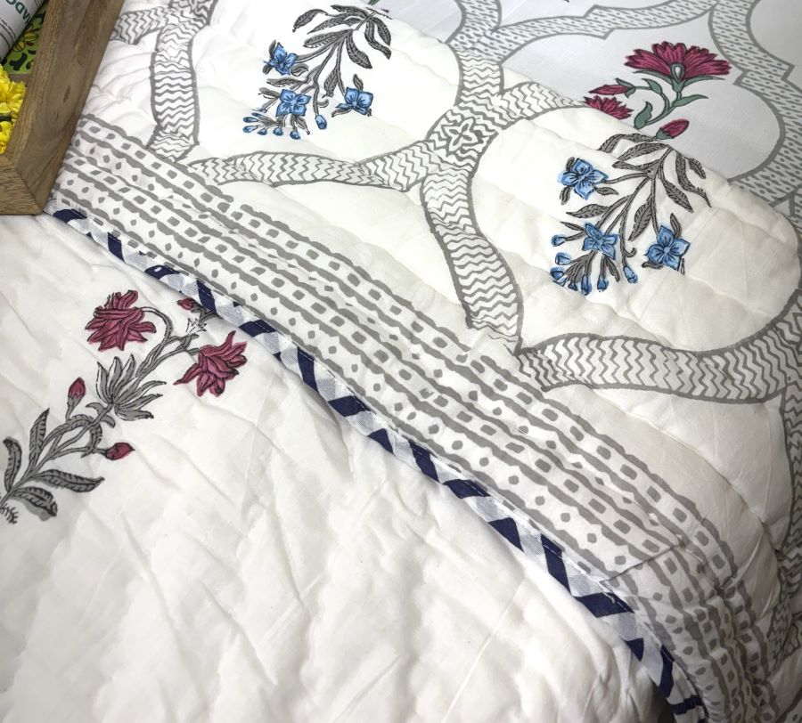 Pink & Blue Lilly Patterns Hand Block  & Quilt/ Razai