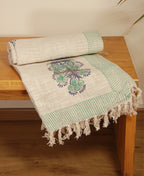 Green Flower Jute Fabric Hand Block Sofa Throw