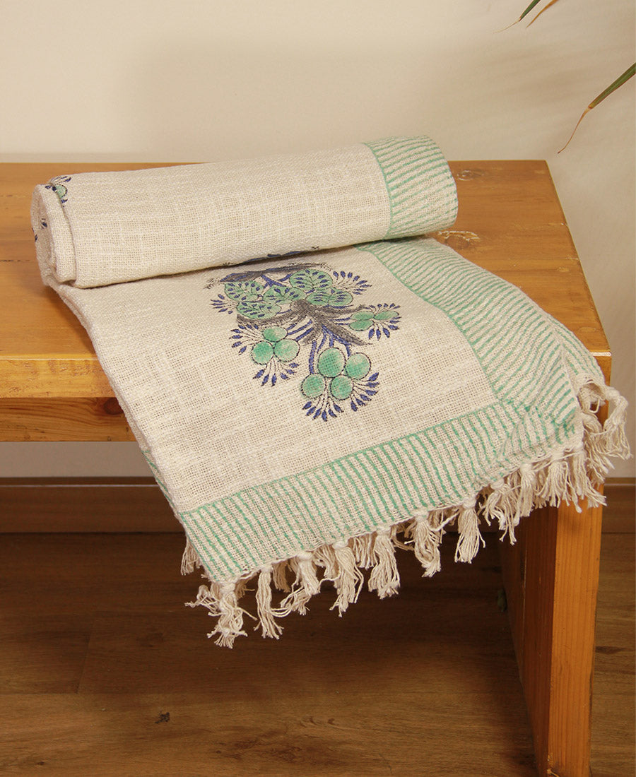 Green Flower Jute Fabric Hand Block Sofa Throw