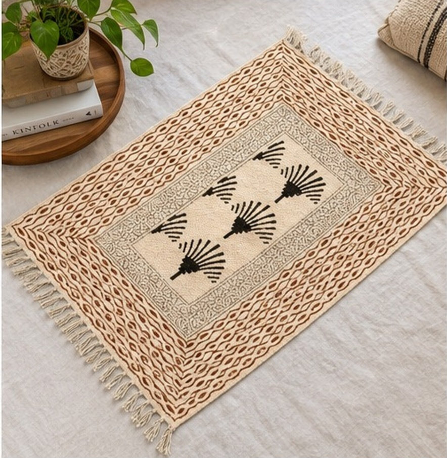 Rust brown and Black Palm Tree pattern  Hand Block Printed Jute Rug
