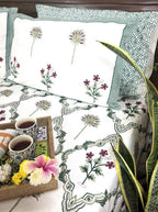 Green Lilly Flower Jaal  Hand Block Bedsheet with 2 Pillow Cover Set - 220TC