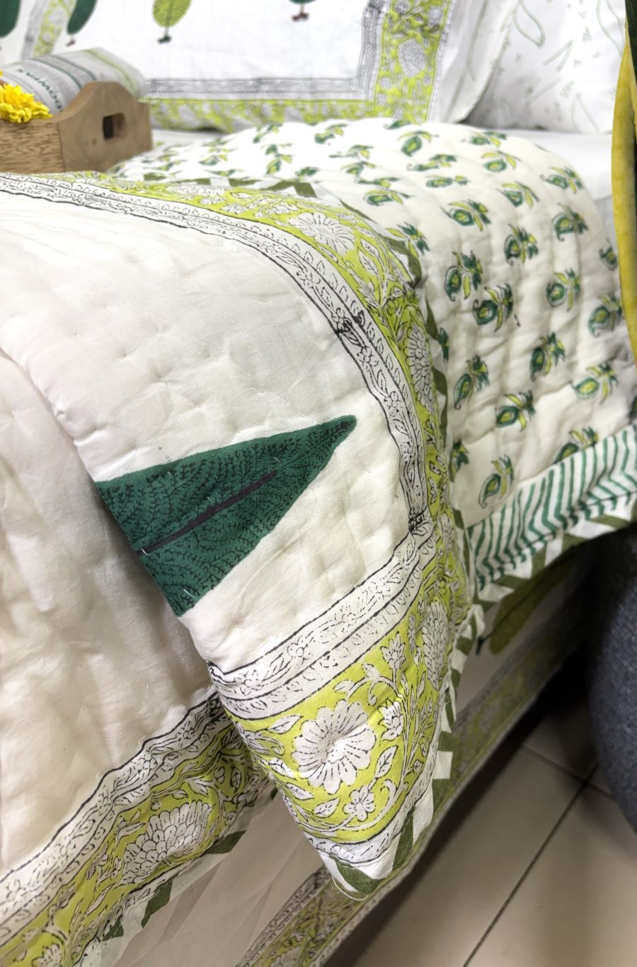 Green Tree Motif Patterns Hand Block Quilt/ Razai