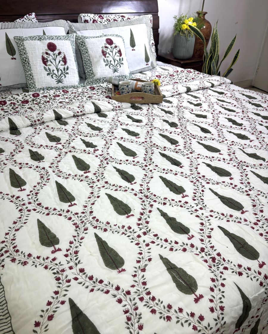 Green & Maroon Tree of Life Patterns Hand Block Bedsheet & Quilt/ Razai Set - Hand Block Printed
