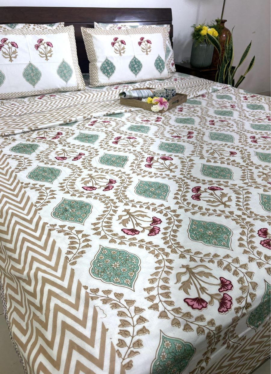 Pink Hibiscus on Gold  Bedsheet & Dohar Set – Hand Block Printed