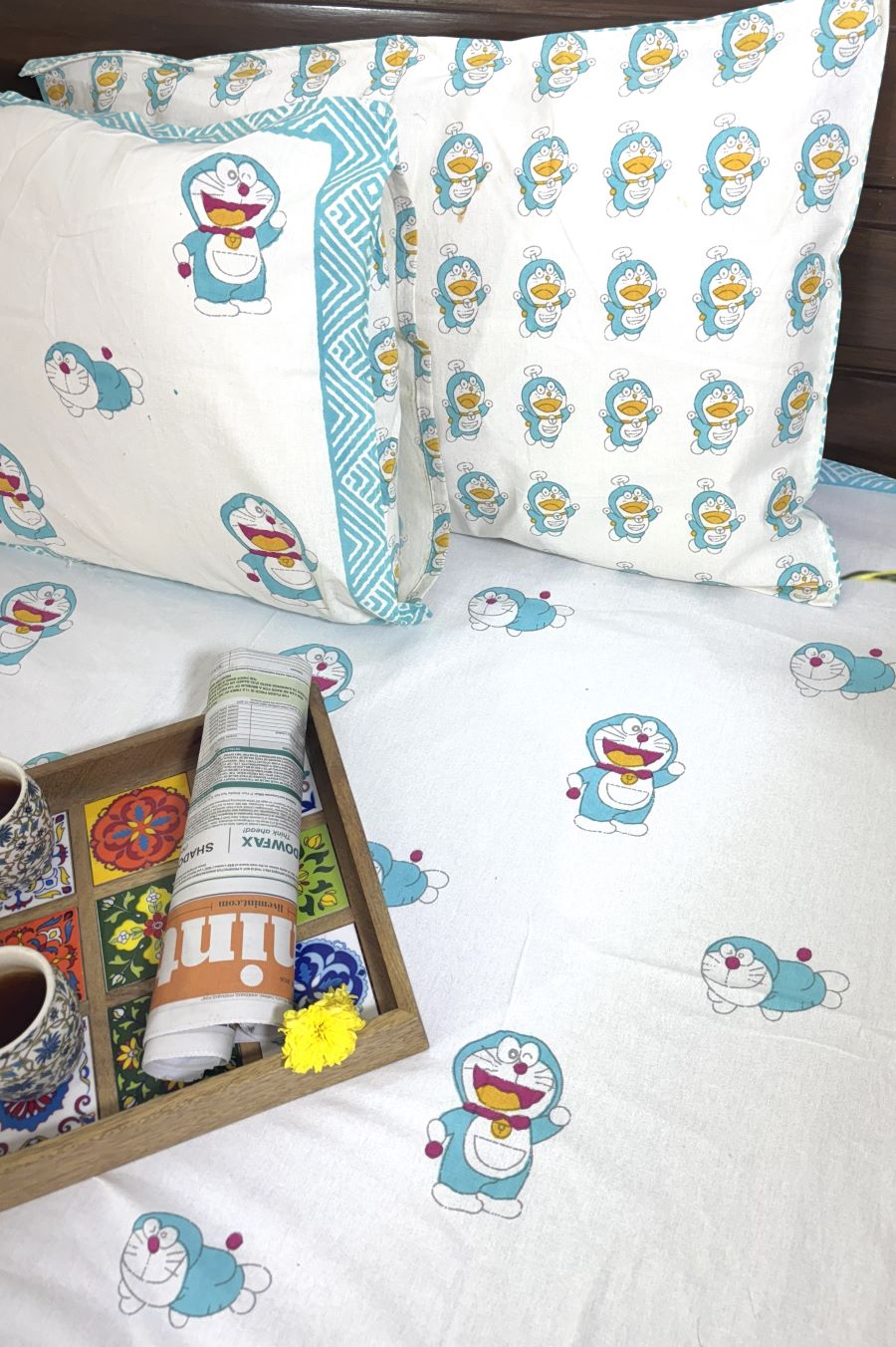 Sky Blue Doraemon Hand Block Bedsheet with 1 Pillow Cover- 220TC