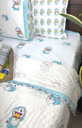 Sky Blue Doremon Patterns Hand Block  & Quilt/ Razai