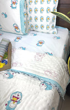 Sky Blue Doremon Patterns Hand Block  & Quilt/ Razai