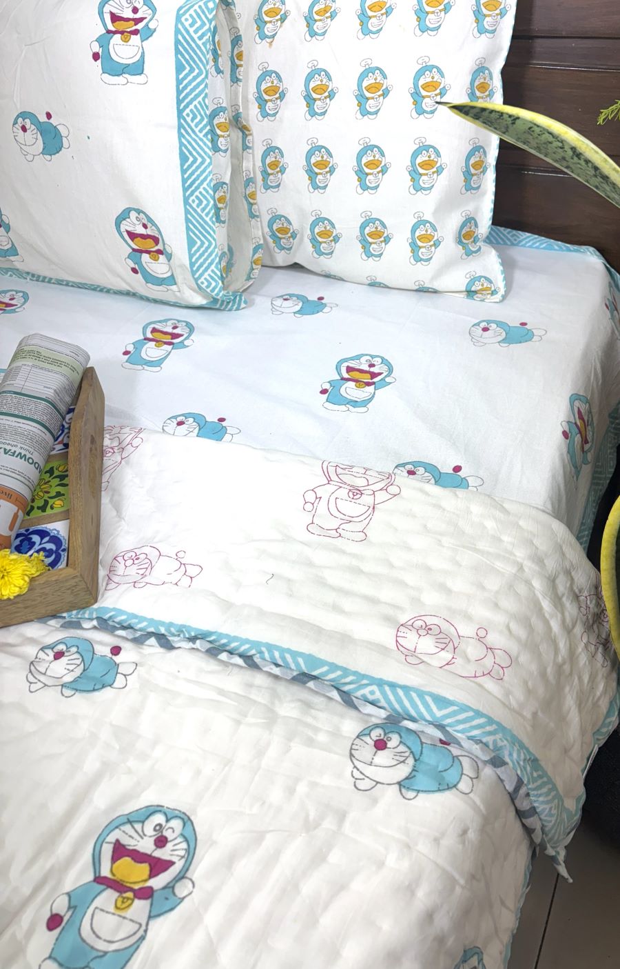 Sky Blue Doremon Patterns Hand Block  & Quilt/ Razai