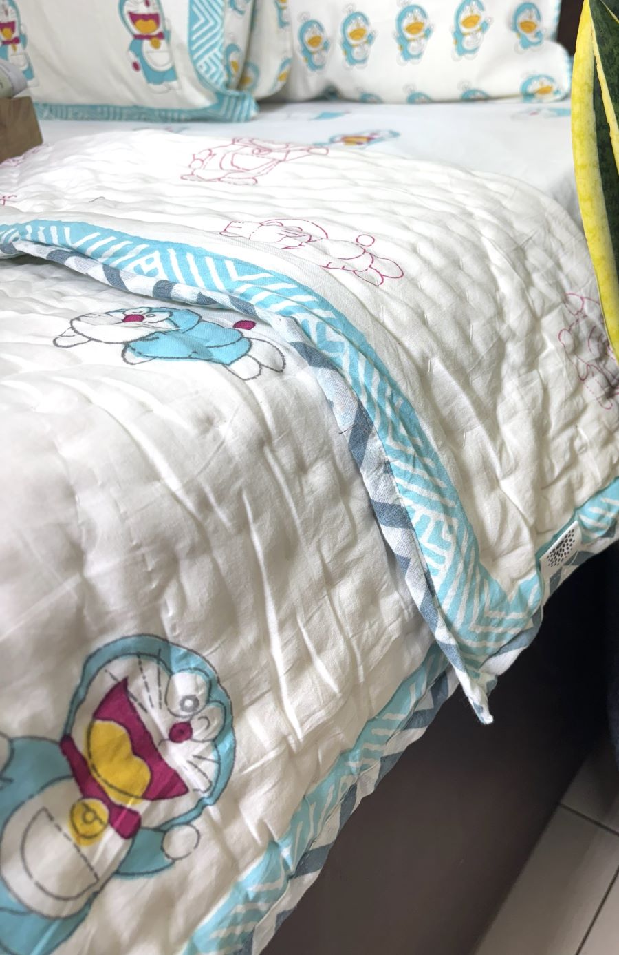 Sky Blue Doremon Design Hand Block Dohar