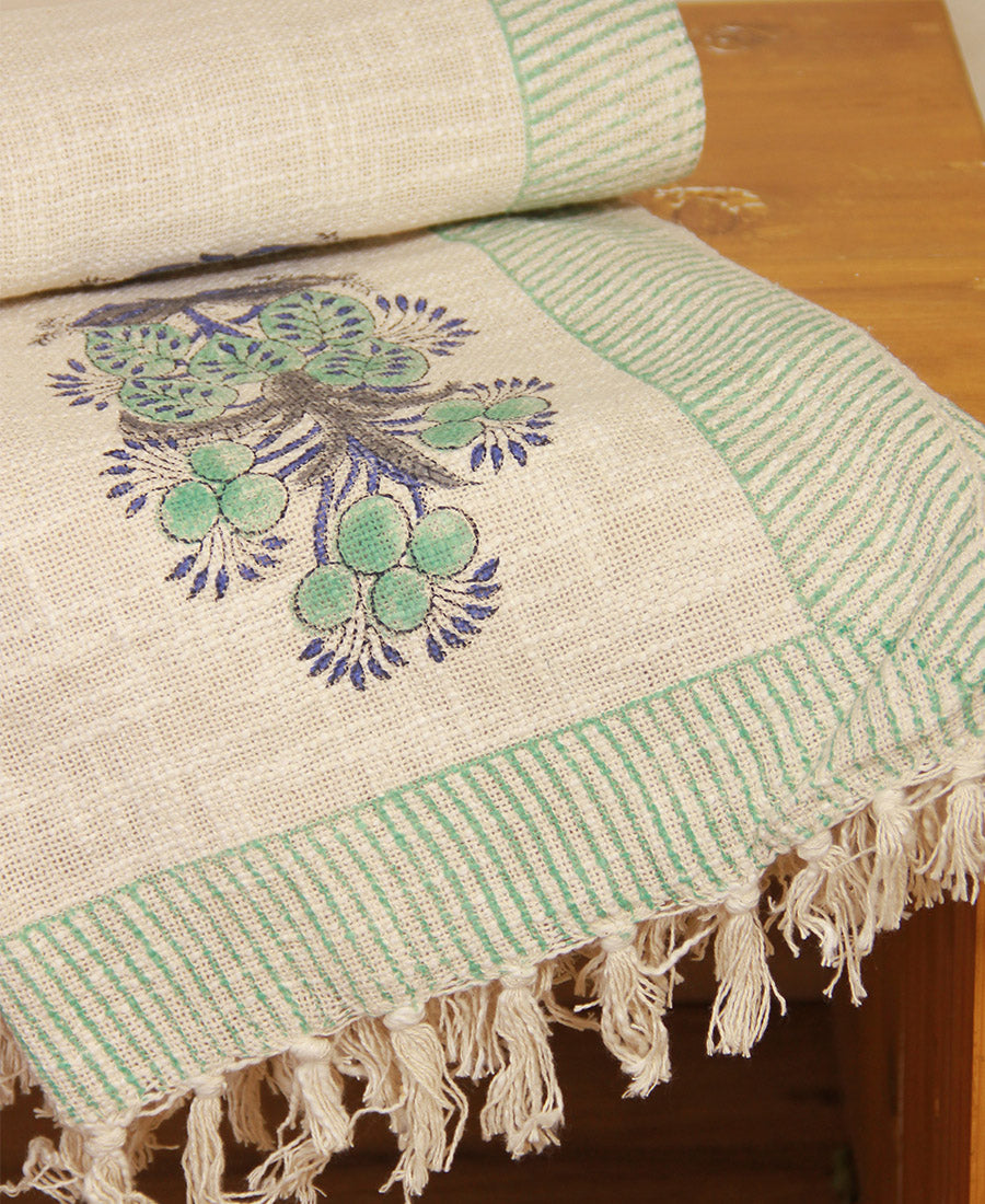 Green Flower Jute Fabric Hand Block Sofa Throw