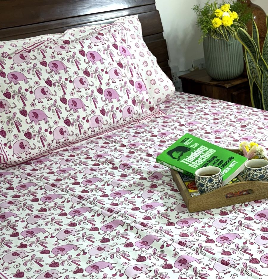 Pink Baby Elephant Hand Block Bedsheet with 1 Pillow Cover- 220TC