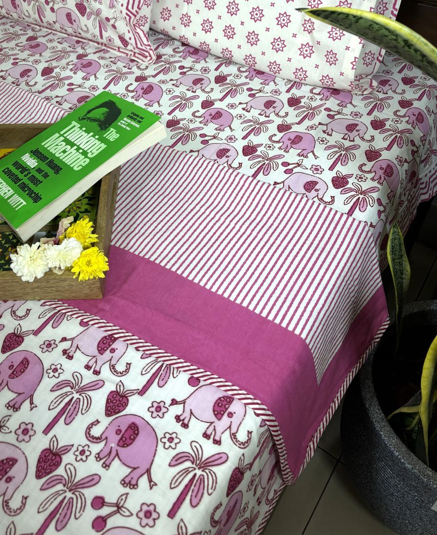 Pink Baby Elephant Design Hand Block Dohar
