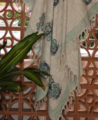 Green Flower Jute Fabric Hand Block Sofa Throw