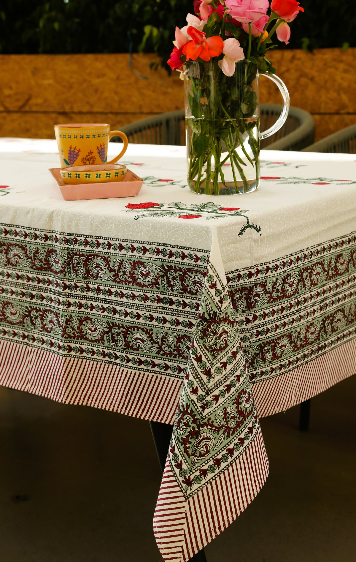 Red Rose Hand Block Rectangle Table Cover /Cloth