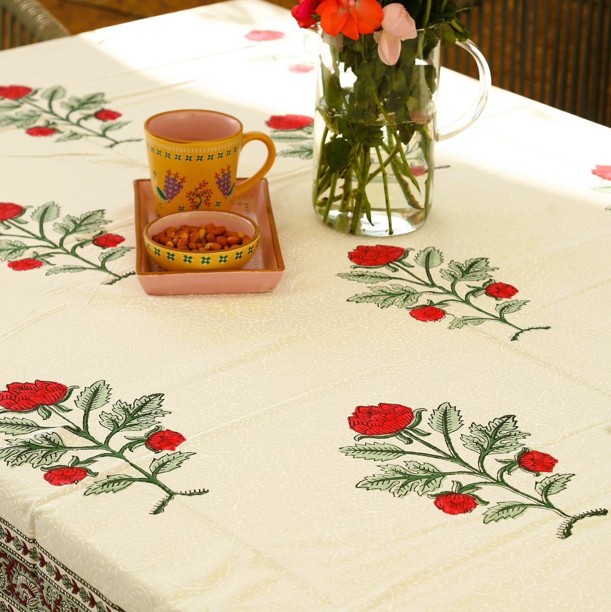 Red Rose Hand Block Rectangle Table Cover /Cloth