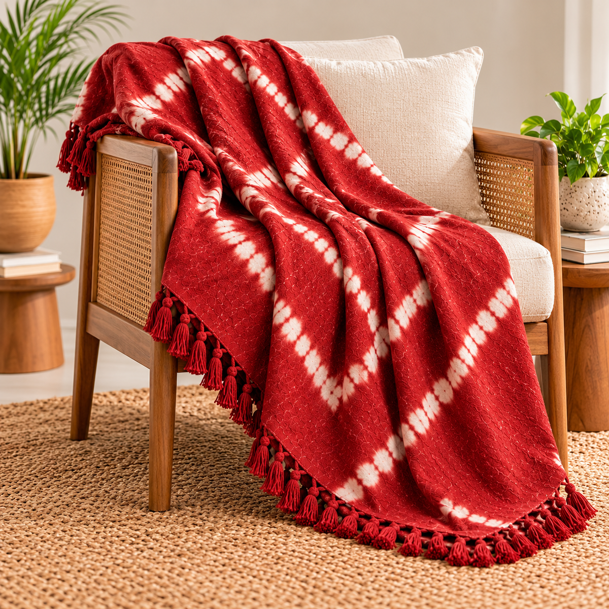 Red Jute Fabric Hand Block Sofa Throw