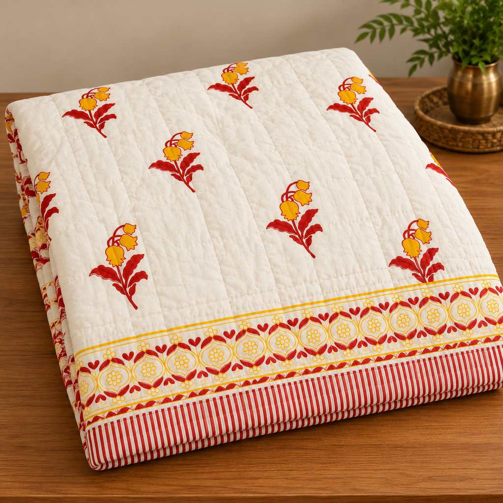 Red Floral Hand Block Quilt/ Razai