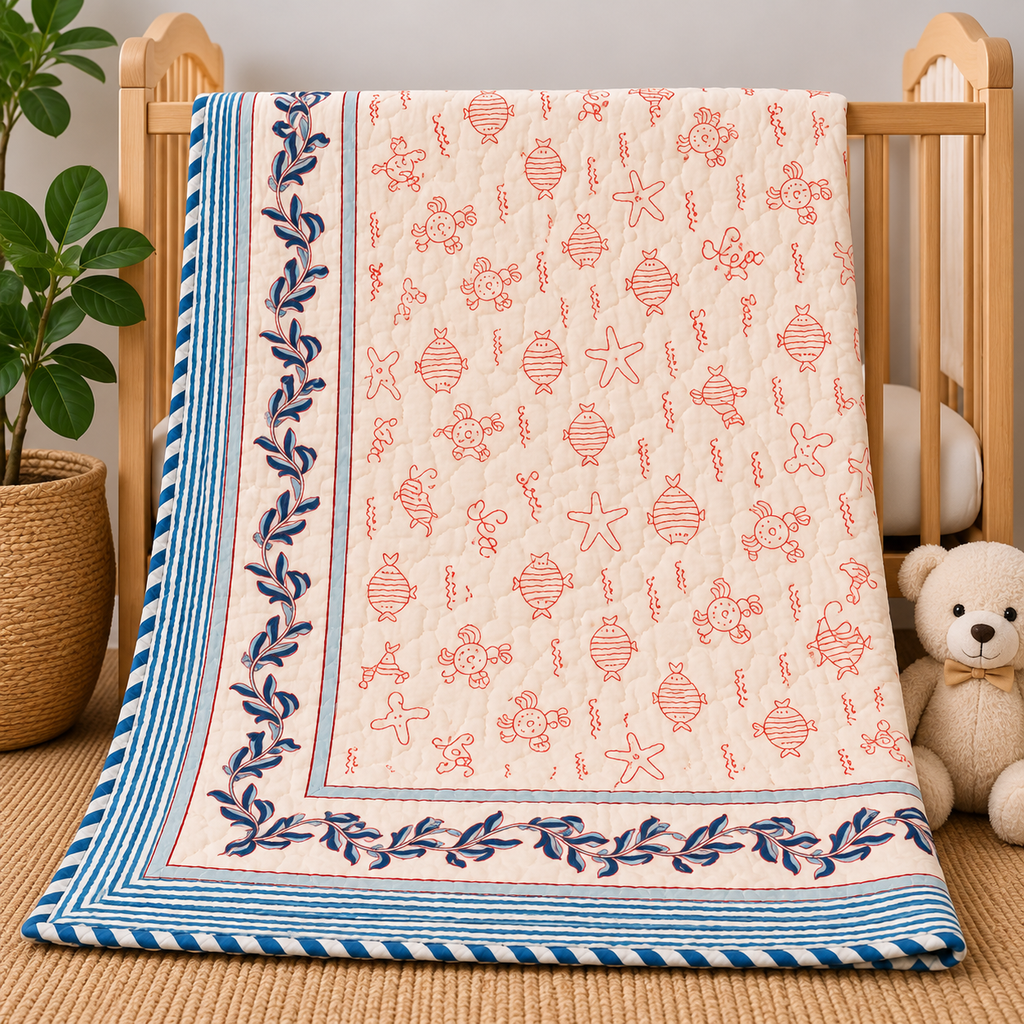 Blue fish & Red star Hand Block Baby Quilt