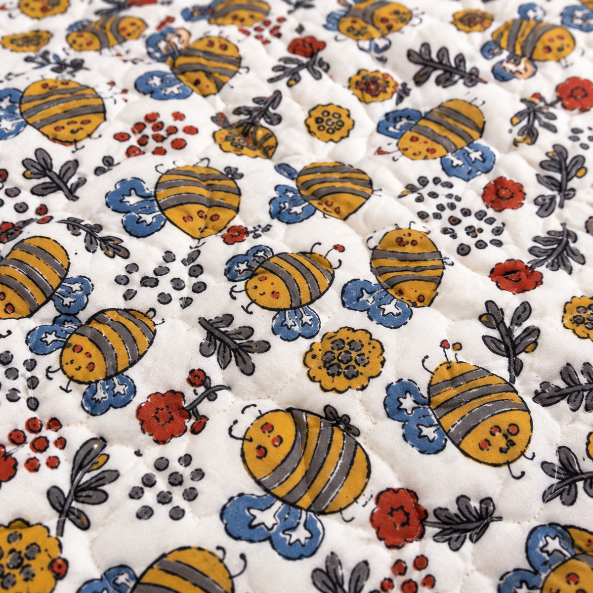 Yellow Bee Patterns Hand Block  & Quilt/ Razai