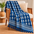 Blue & White Floral Buti Jute Fabric Hand Block Sofa Throw