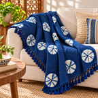 Indigo Blue circular Floral Jute Fabric Hand Block Sofa Throw