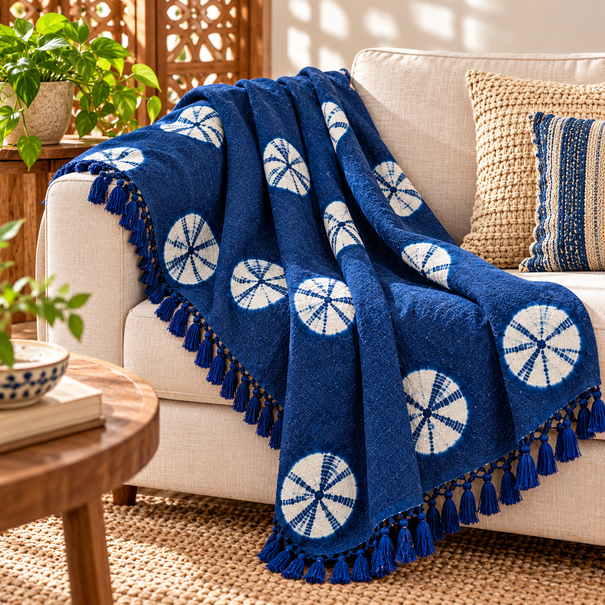 Indigo Blue circular Floral Jute Fabric Hand Block Sofa Throw
