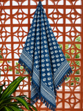 Blue & White Floral Buti Jute Fabric Hand Block Sofa Throw
