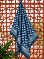 Blue & White Floral Buti Jute Fabric Hand Block Sofa Throw