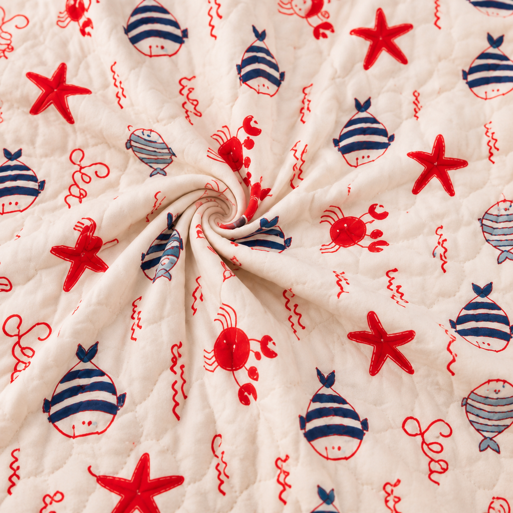Blue fish & Red star Hand Block Baby Quilt