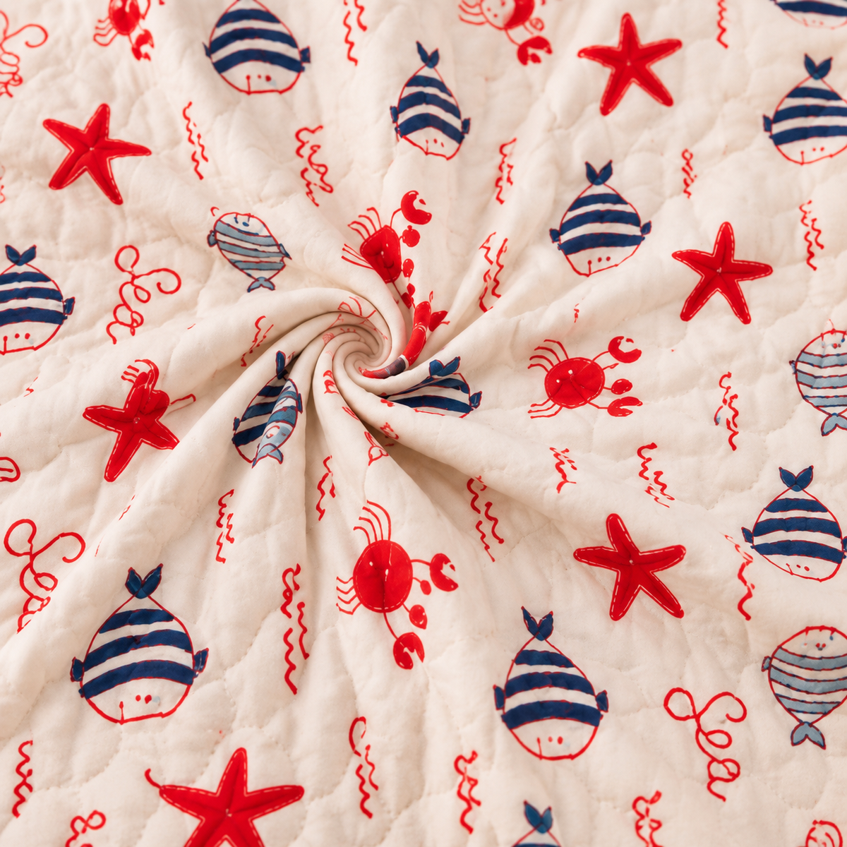 Blue fish & Red star Hand Block Baby Quilt
