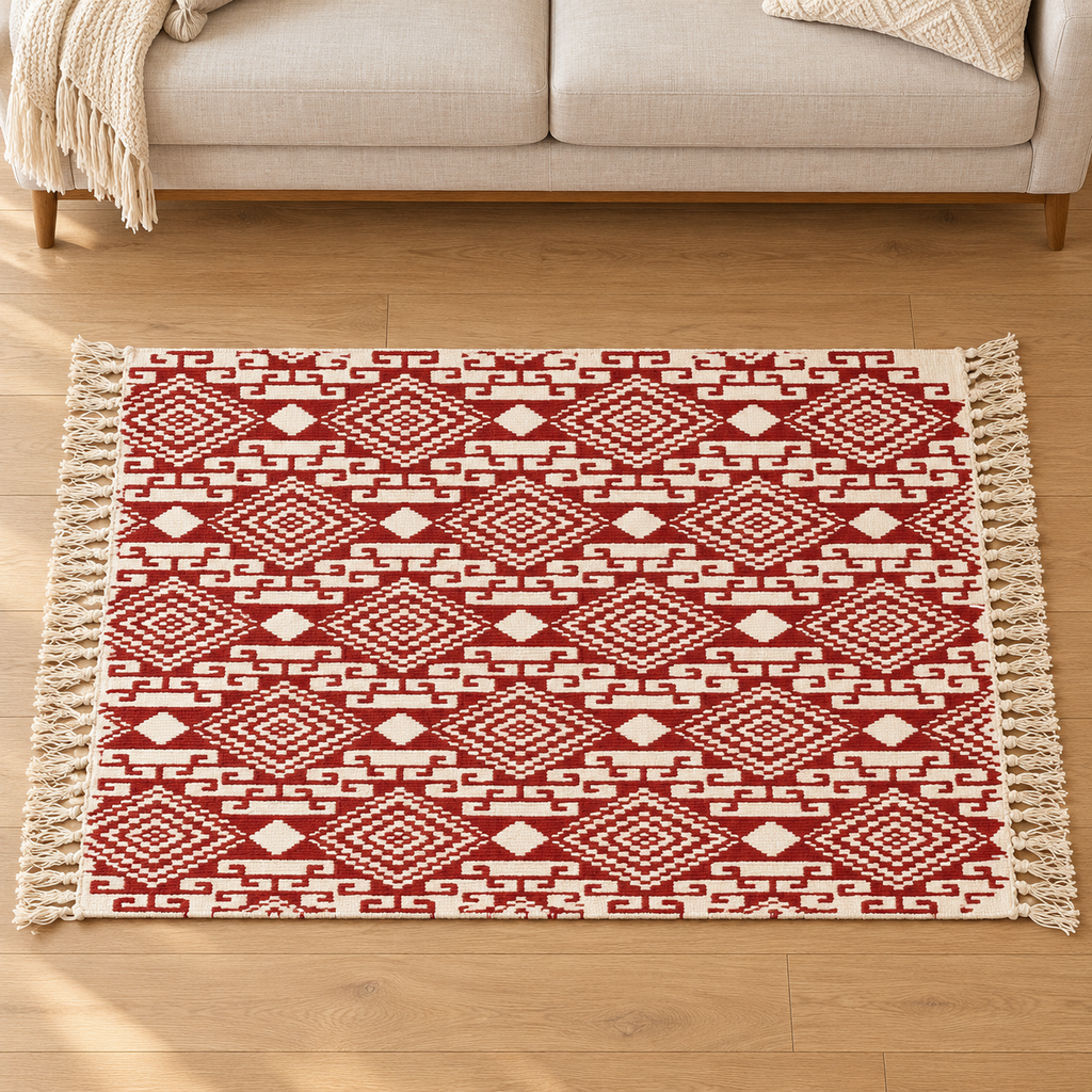 Deep Red Diamond Geometric Hand Block Printed Jute Rug