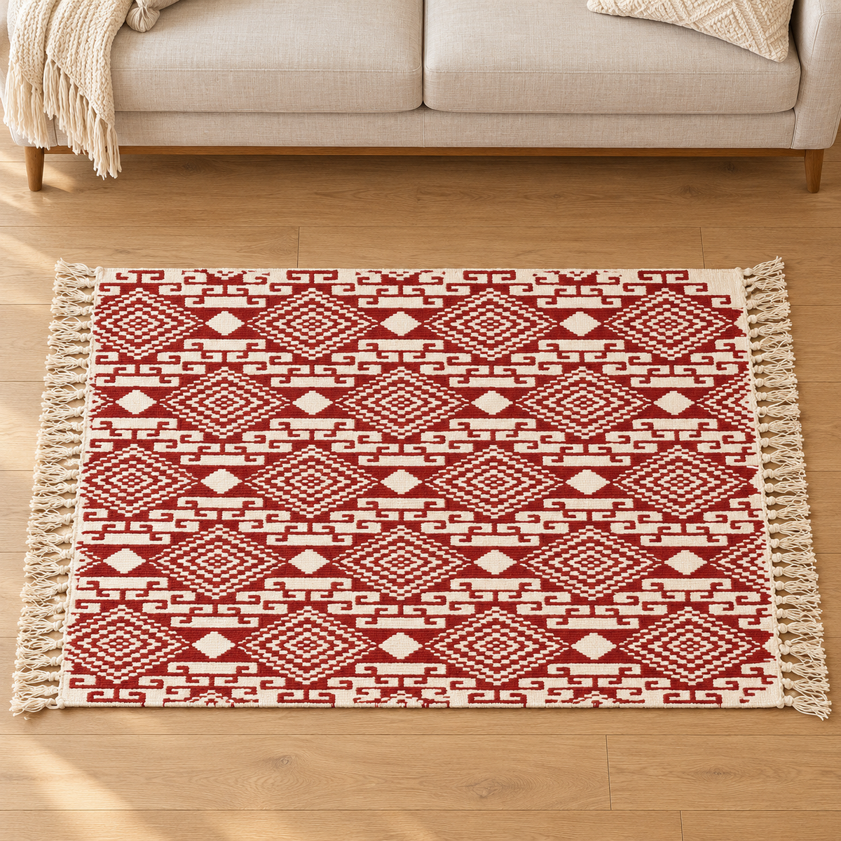 Deep Red Diamond Geometric Hand Block Printed Jute Rug