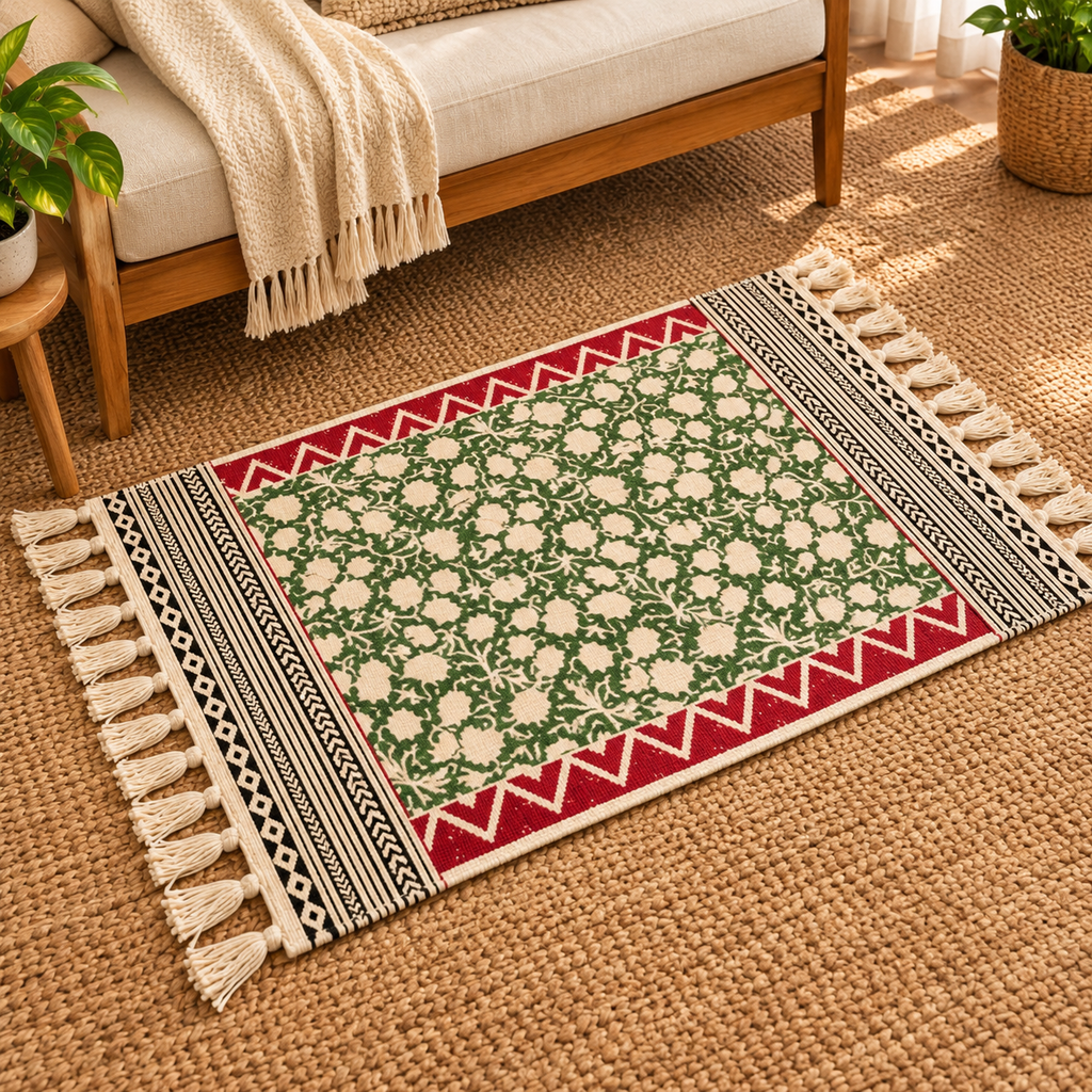 Green and red zig zag borders floral vine Hand Block Printed Jute Rug