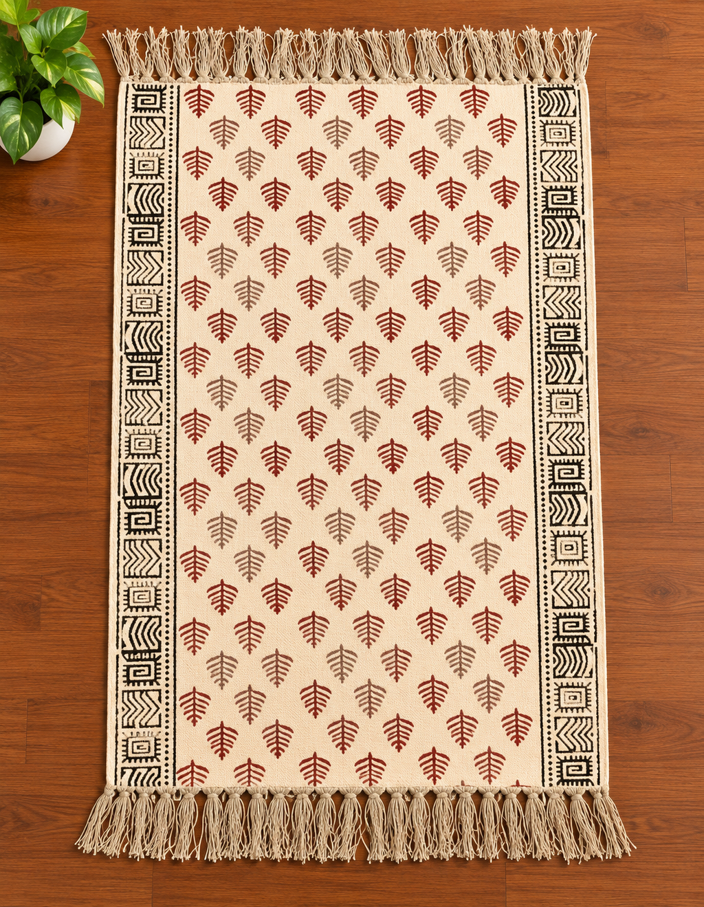 Red and Ivory Motifs Leaf Rugs Hand Block Printed
