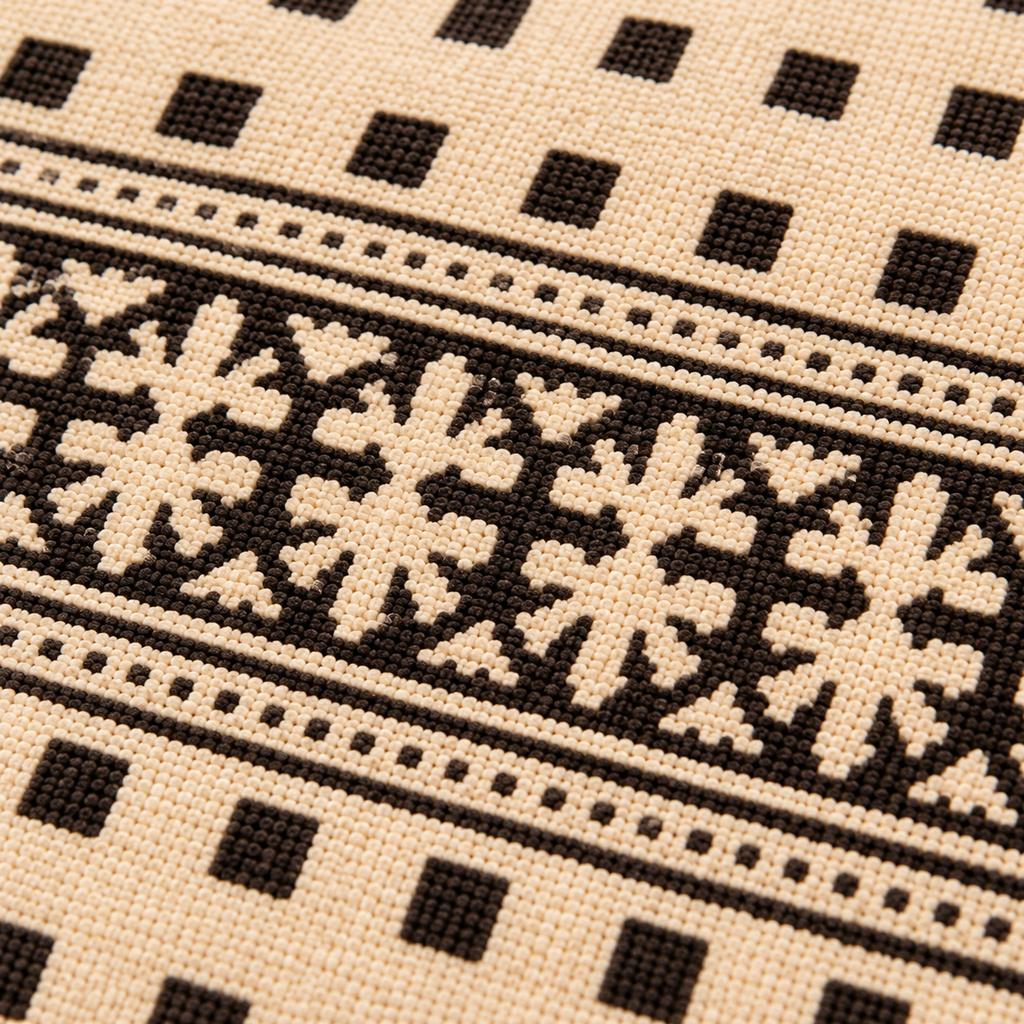 Black and Ivory Small Square Floral  Hand Block Printed Jute Rug