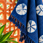 Indigo Blue circular Floral Jute Fabric Hand Block Sofa Throw