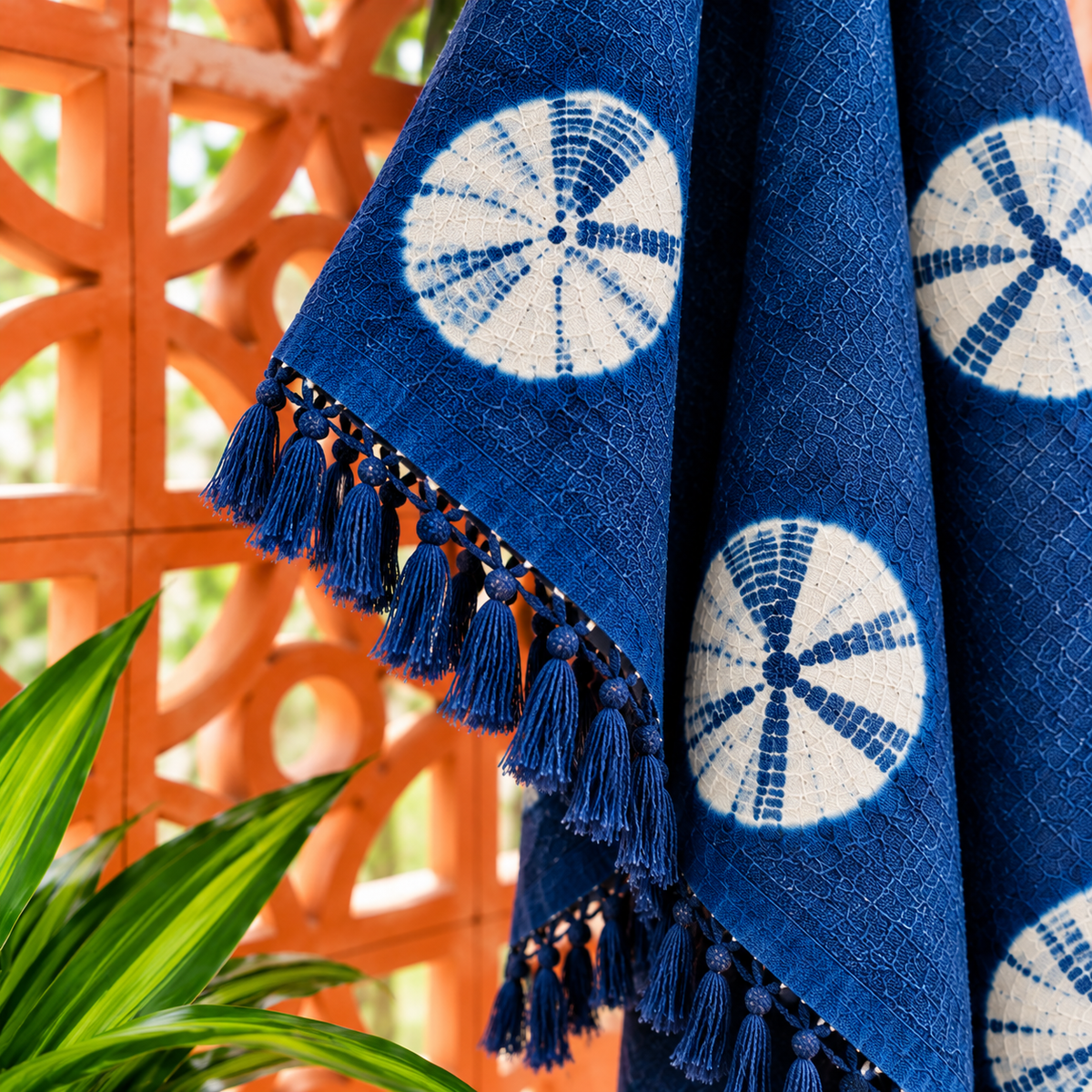 Indigo Blue circular Floral Jute Fabric Hand Block Sofa Throw