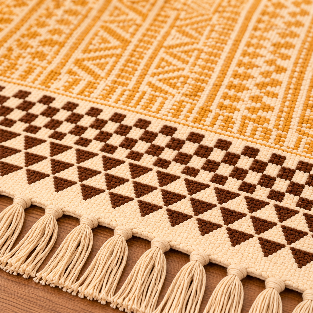 Mustard Yellow Tribal Geometric Pattern Hand Block Printed Jute Rug