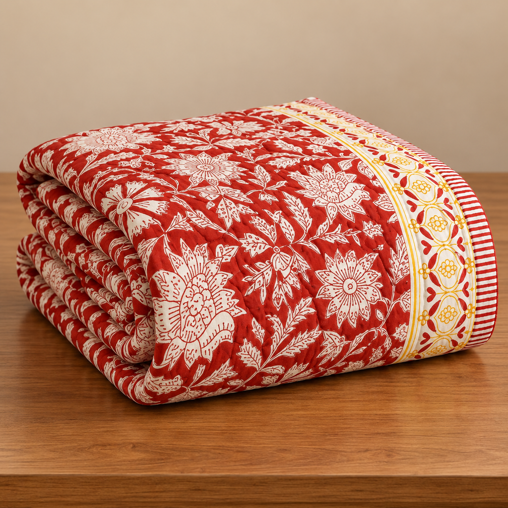 Red Floral Hand Block Quilt/ Razai
