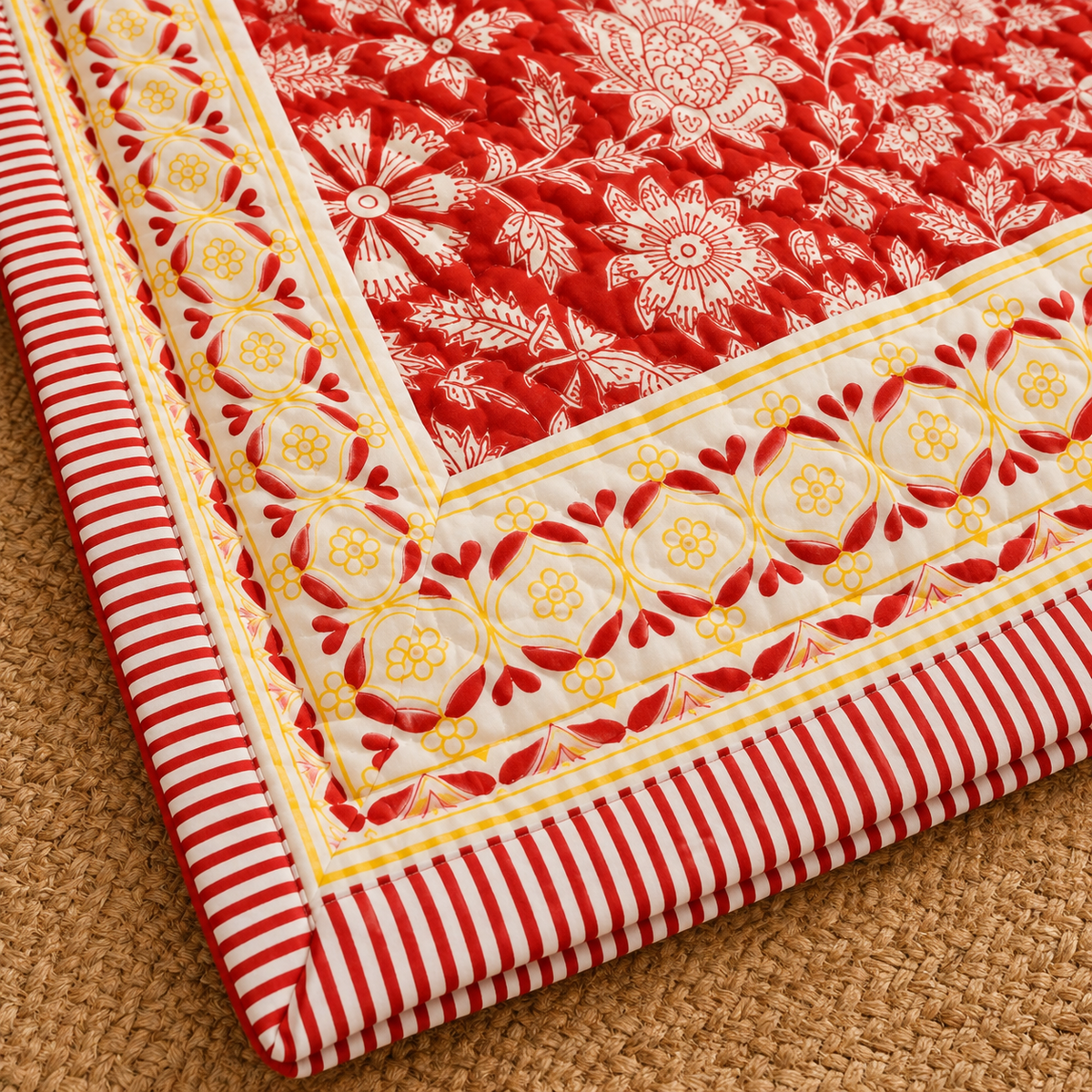 Red Floral Hand Block Quilt/ Razai