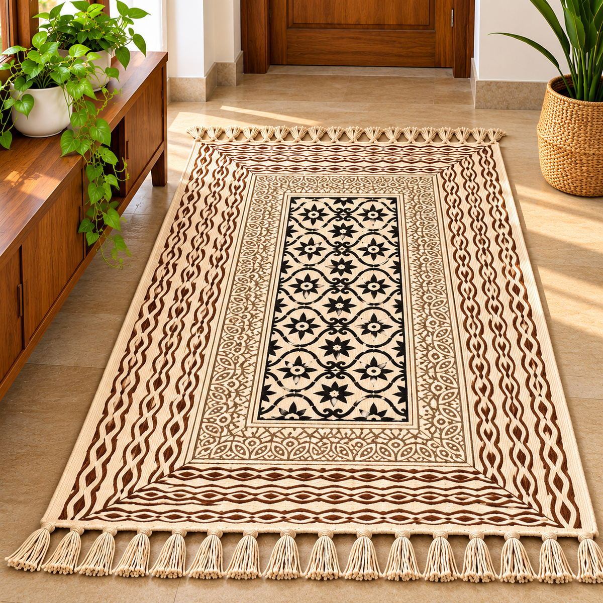 Rust brown and Grey geometric wave Hand Block Printed Jute Rug