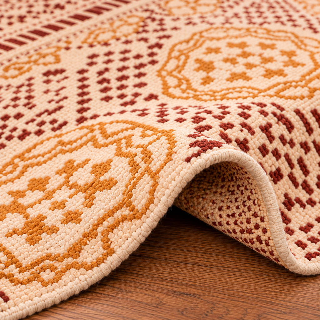 Mustard Yellow and maroon circular pattern Hand Block Printed Jute Rug