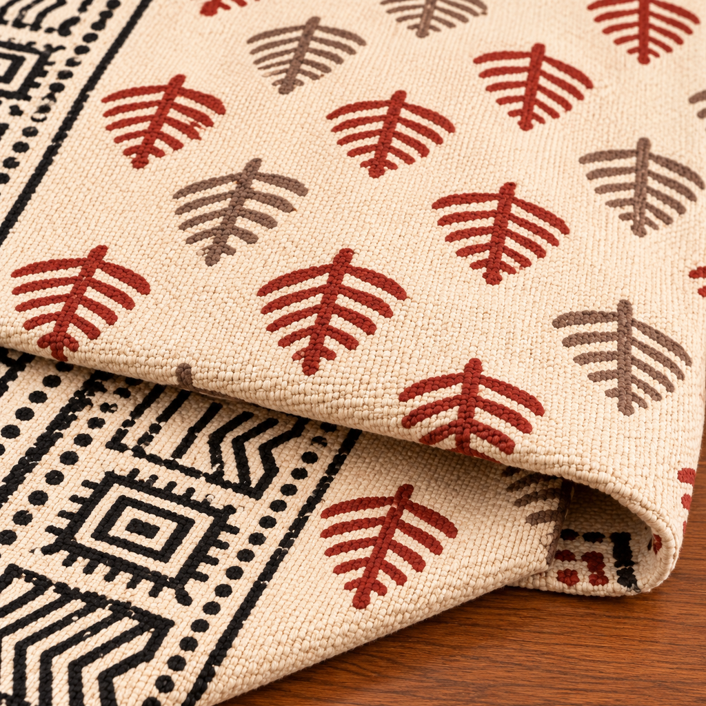 Red and Ivory Motifs Leaf Rugs Hand Block Printed